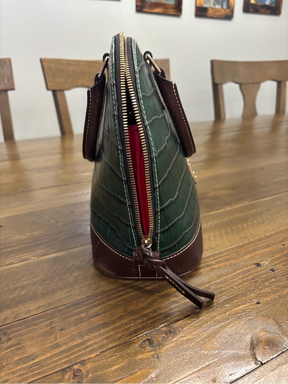 Dooney & Bourke Oakdale Zip Zip Satchel in Green Croc-Embossed Leather - Picture 3 of 15